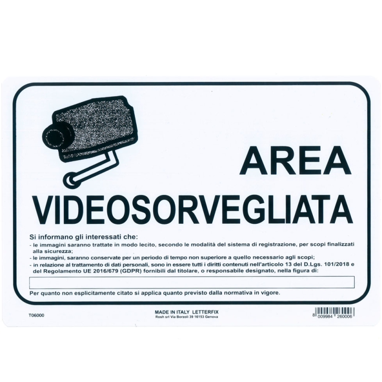 TARGA 20X30 AREA VIDEOSORVEGLIATA PLAST.ECON. 6000