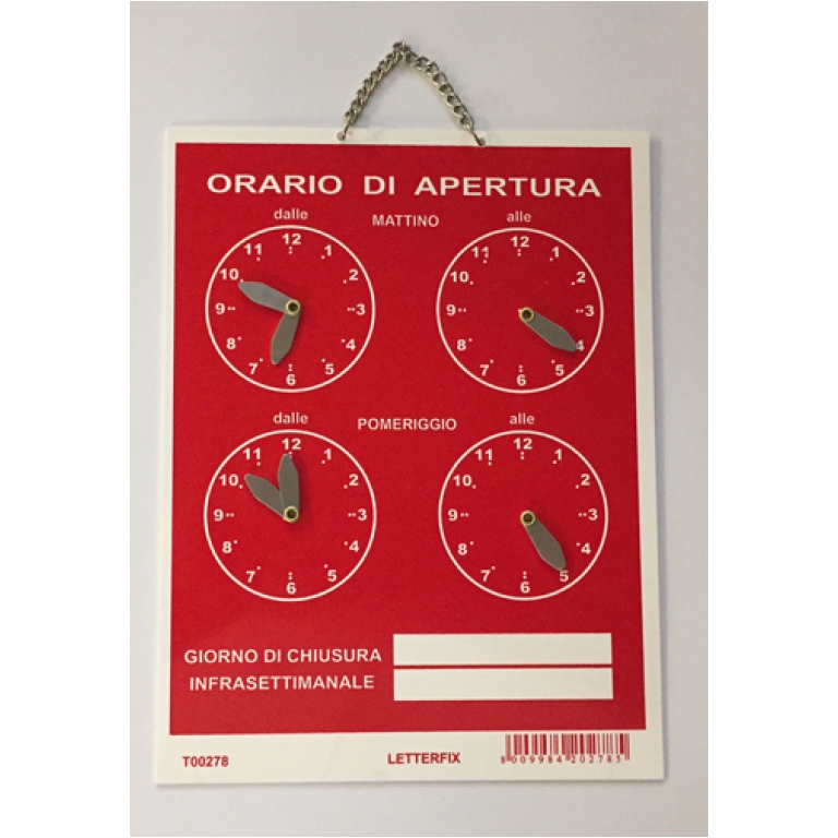 TARGA ORARIO 278 ROSSO CON LANCETTE 16X21