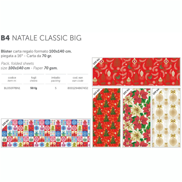 CARTA REGALO 100X140CM 25 FOGLI B4 NATALE CLASSIC