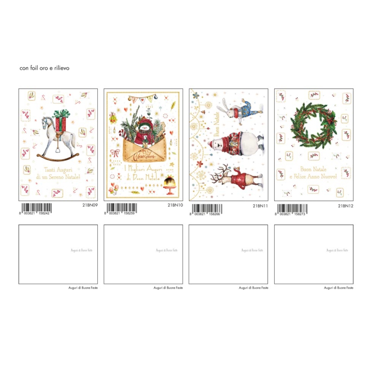 BIGLIETTI NATALE 12PZ CON RILIEVO FOIL 11,5X17CM