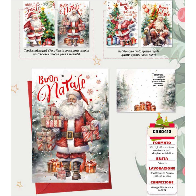 BIGLIETTI XMAS 11,5X17CM 12PZ BABBO NATALE RILIEVO