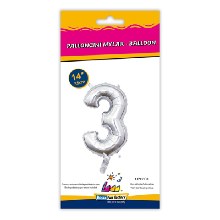 PALLONCINI MYLAR NUMERO 3 ARGENTO 35CM