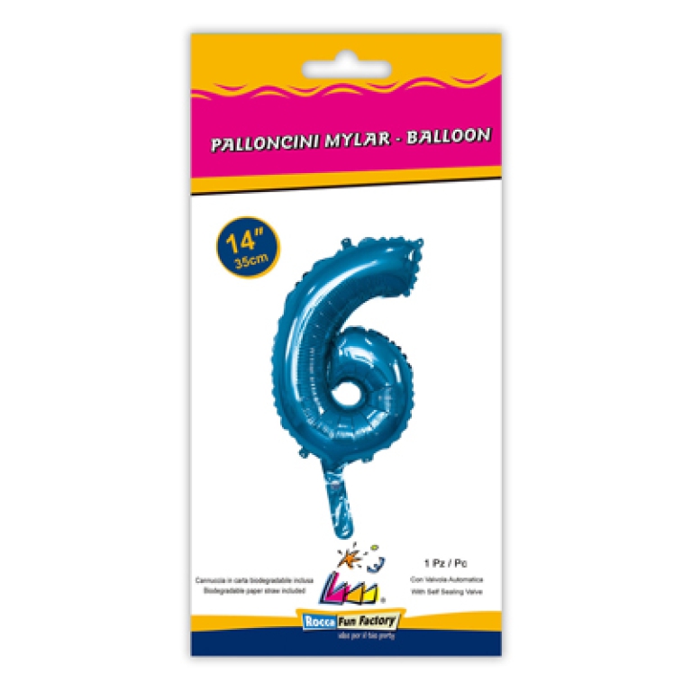 PALLONCINI MYLAR NUMERO 6 BLU 35CM