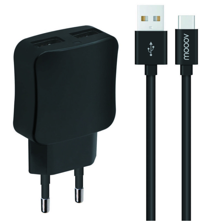 CARICATORE 2 USB CON CAVO USB/TYPE-C NERO