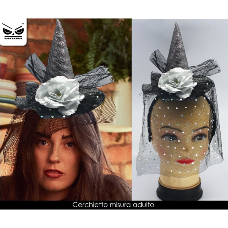 CERCHIETTO CAPPELLO STREGA CON VELETTA GREY ROSE