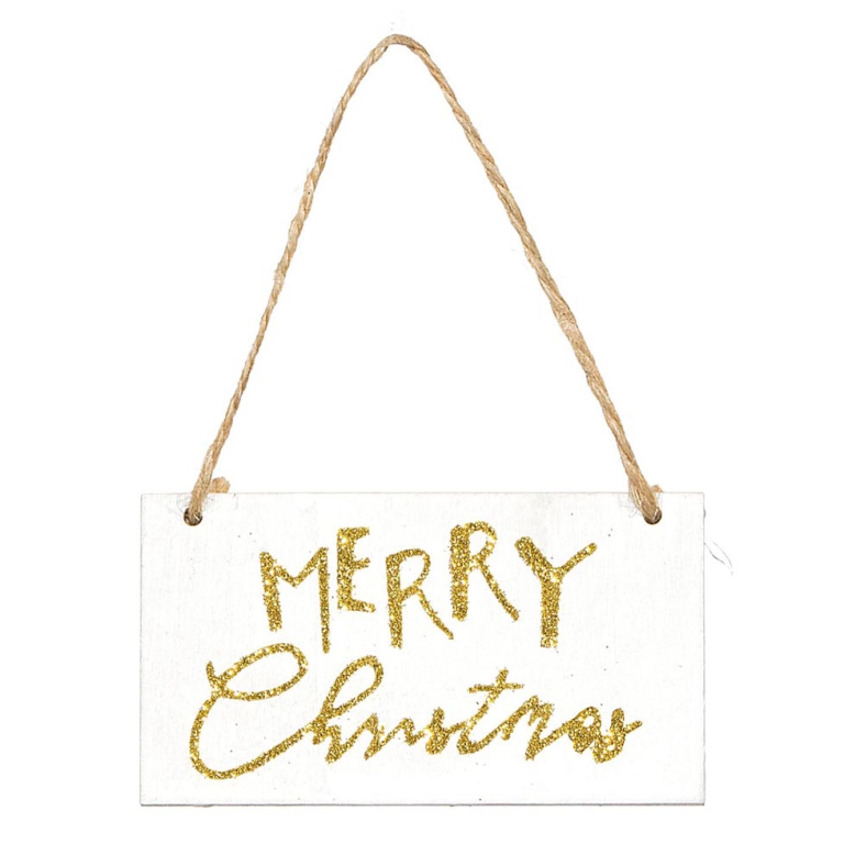 DECORO 2PZ TAG LEGNO BIANCO 8X4CM MERRY XMAS ORO