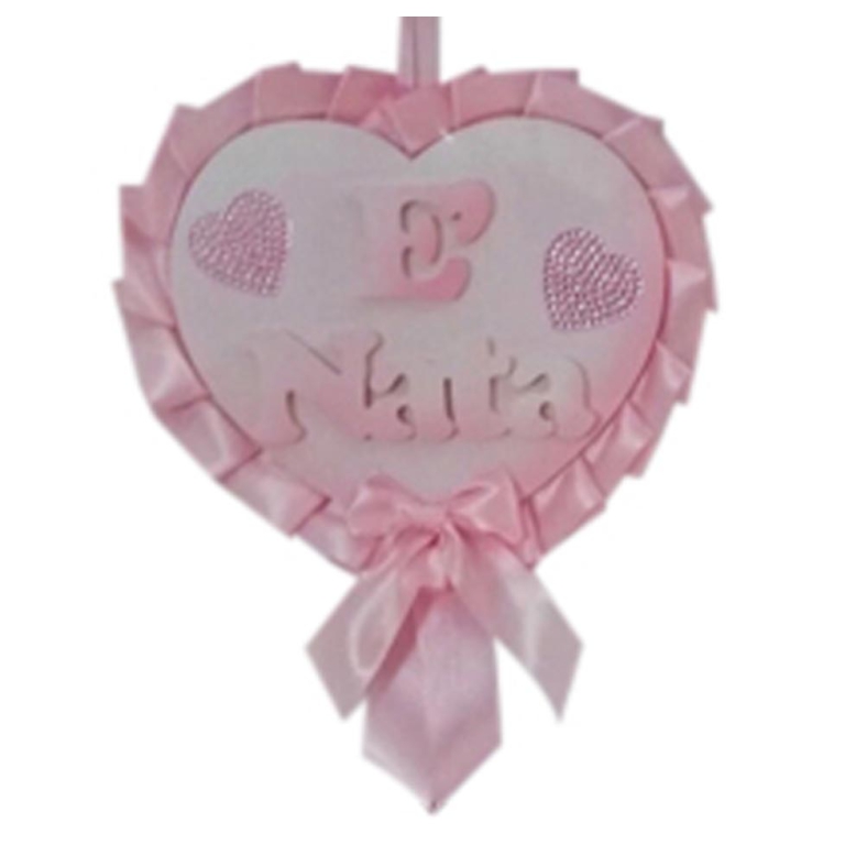 COCCARDA NASCITA CUORE E' NATA LEGNO ROSA 24X33H