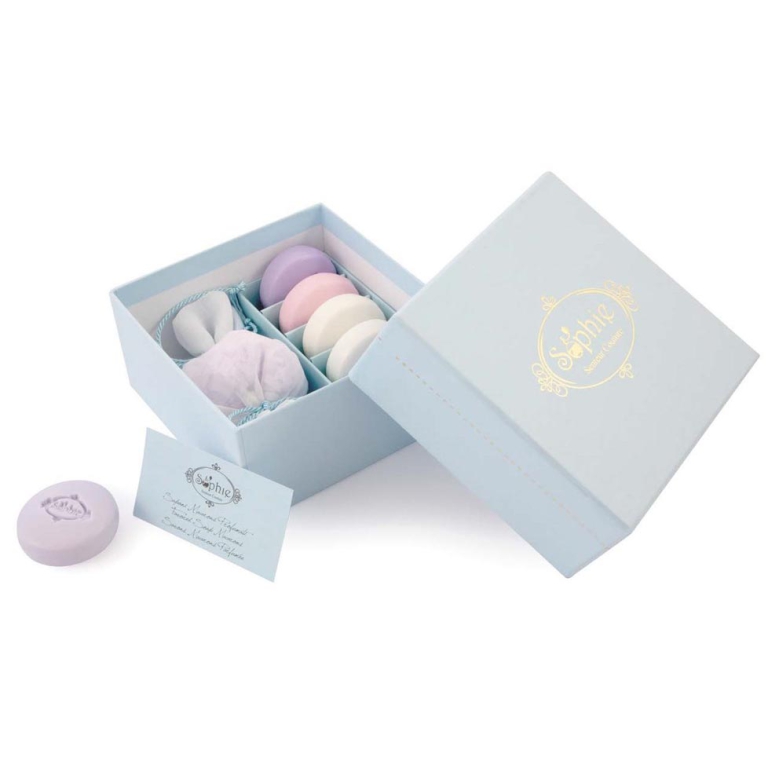 SCATOLA CELESTE 5 SAPONI MACARONS+SCAGLIE GIFTBOX