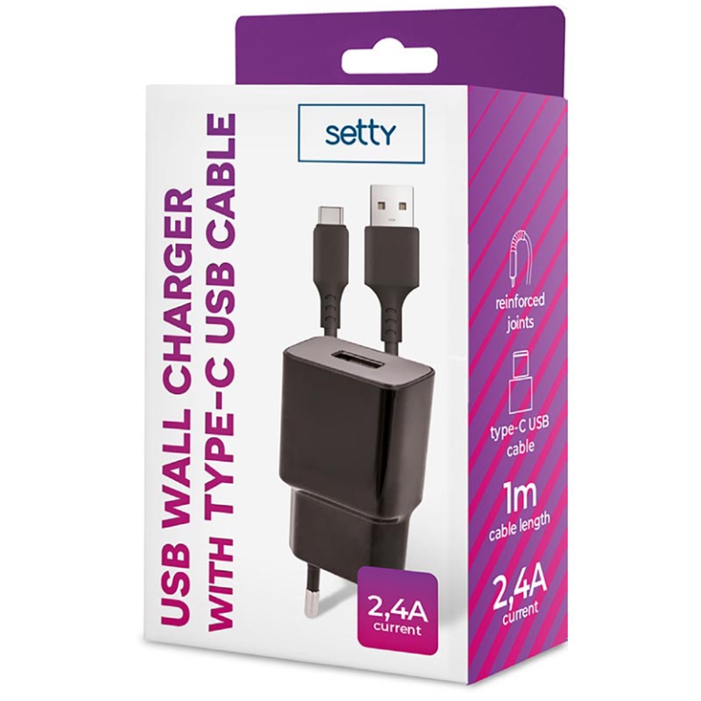 CARICATORE DA MURO SETTY USB 2,4A + CAVO TYPE-C