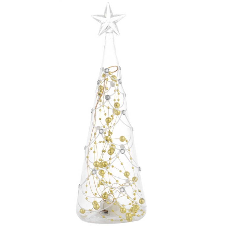 ALBERO VETRO LED H28CM   FESTONI GLITTER INT.ORO