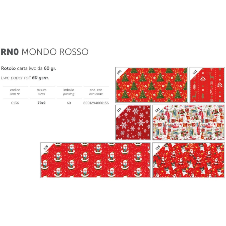 ROTOLO CARTA REGALO 70CMX2MT XMAS MONDO ROSSO