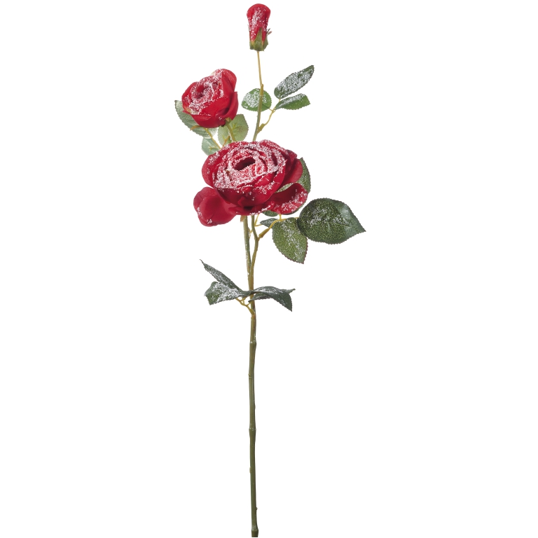 FIORE ROSA INNEVATA H73CM ROSSO CON BOCCIOLI